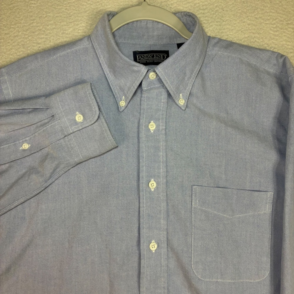 Vintage Lands End Hyde Park Oxford Shirt Men 16x34 Blue OCBD Button Down USA